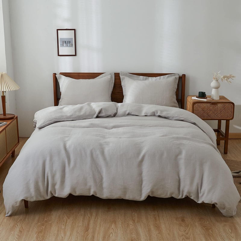 Simple&Opulence 100% Linen Duvet Cover Set, 3 PCS Natural French Flax Light Grey Duvet Cover Queen Size, Breathable Soft Comfy Linen Bedding Comforter Cover with 2 Pillowcases(Light Grey, 88" x 92") - Image 1